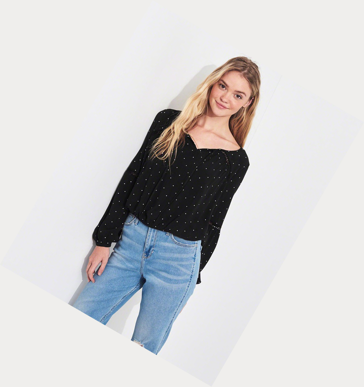 Black Women's Hollister Balloon-Sleeve Peasant Long Sleeve | UK-792ABSK