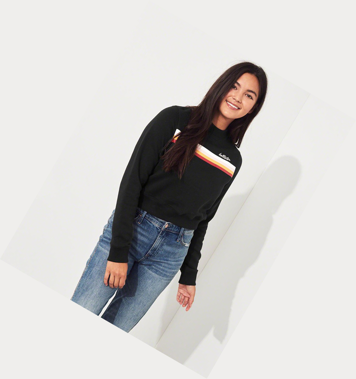 Black Women's Hollister Crop Mockneck Sweatshirts | UK-436XRAF