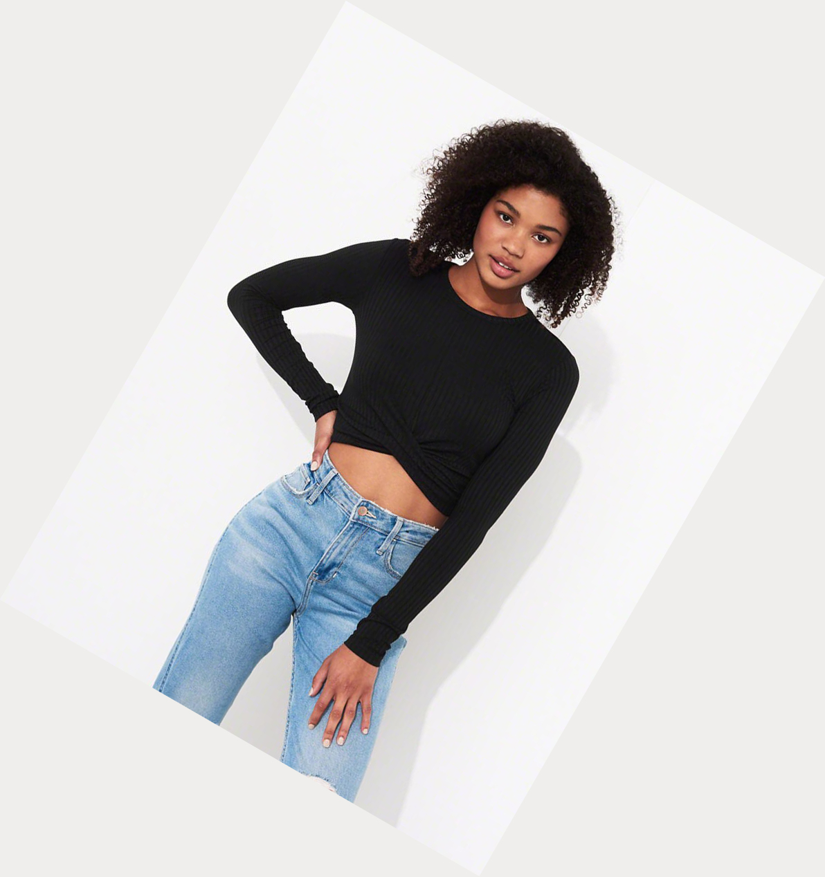 Black Women's Hollister Knot-Front Crop Long Sleeve | UK-973YUQJ