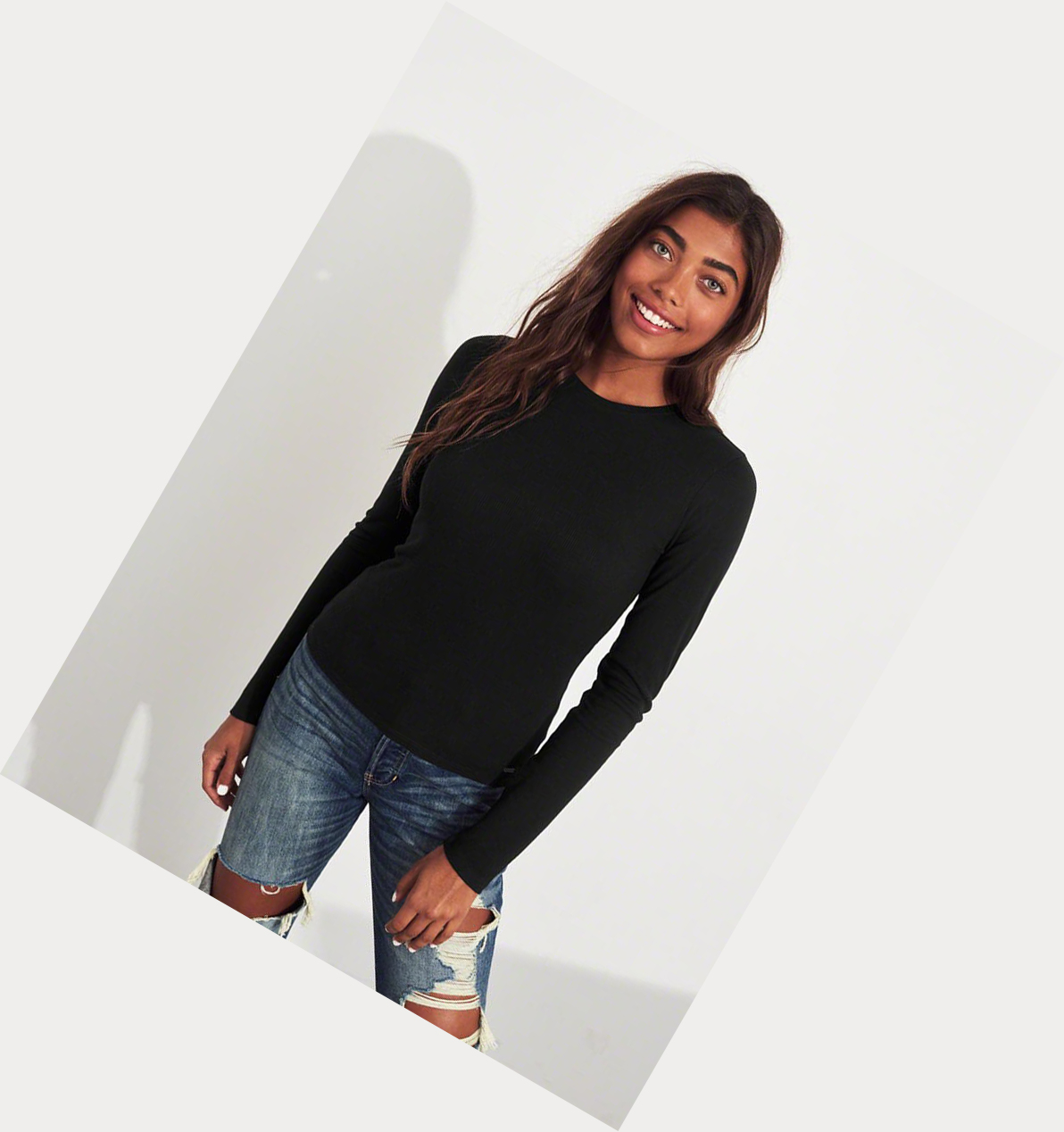 Black Women's Hollister Ribbed Crewneck Long Sleeve | UK-420INWT