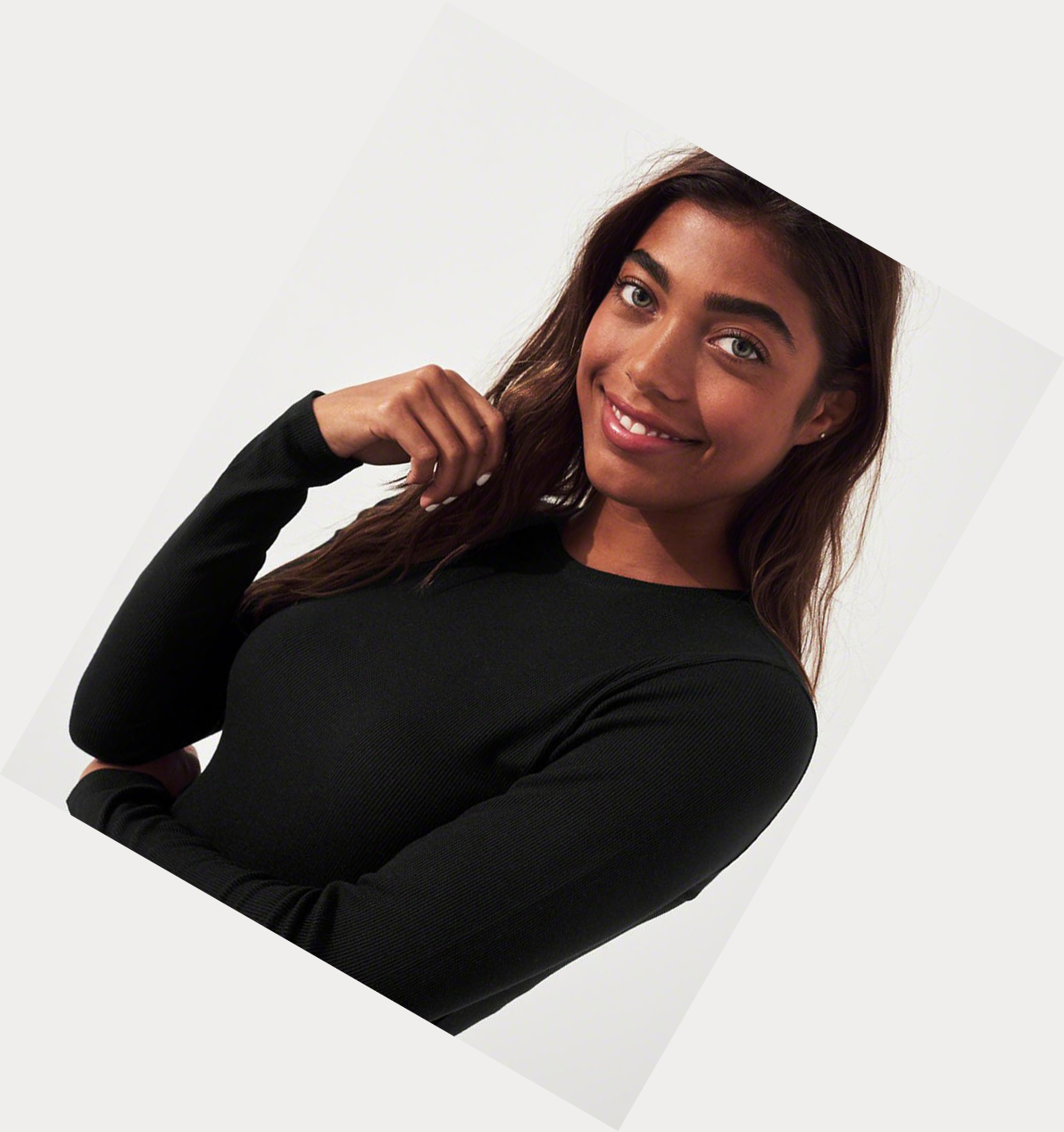 Black Women's Hollister Ribbed Crewneck Long Sleeve | UK-420INWT