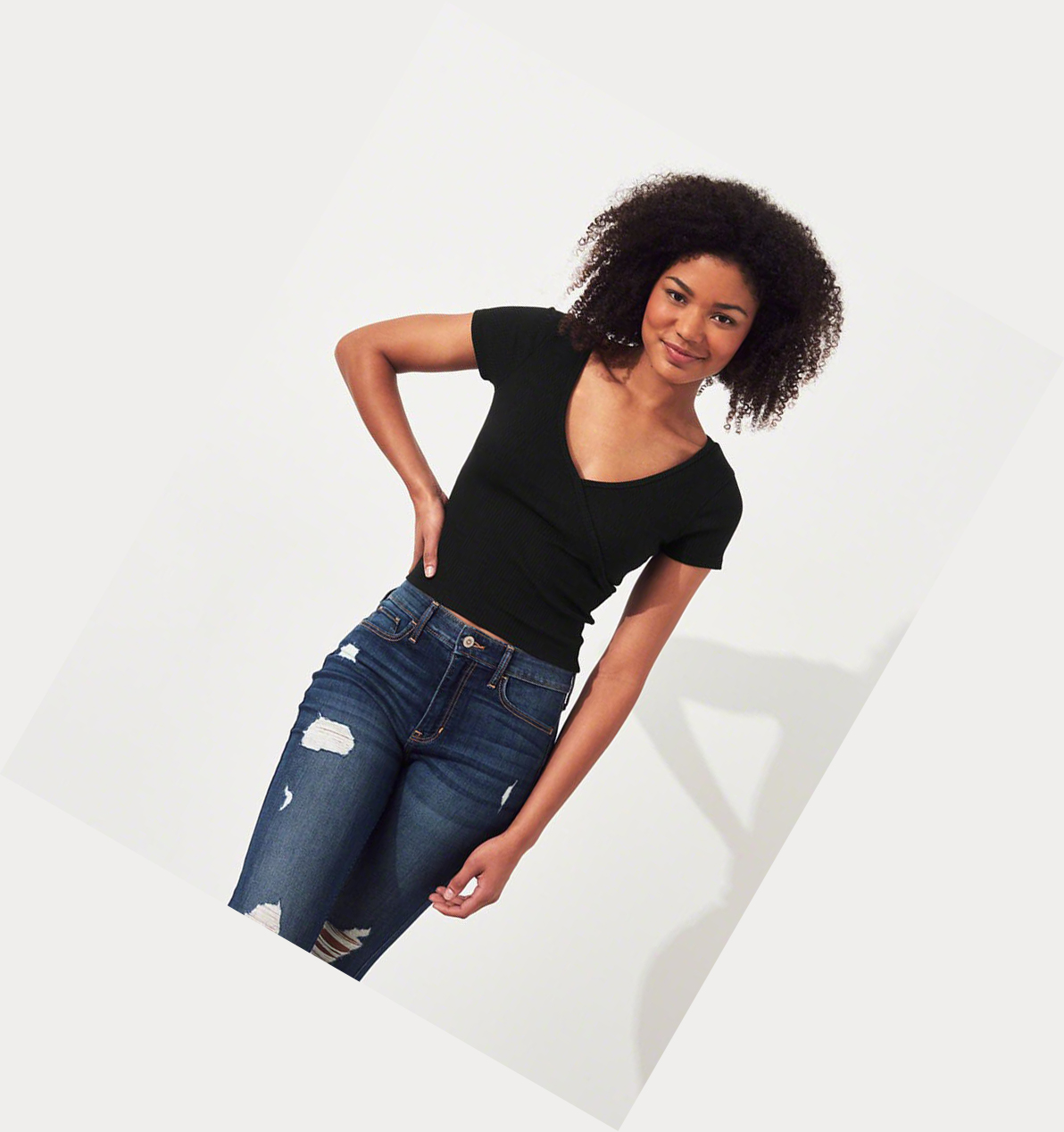 Black Women's Hollister Ribbed Wrap-Front Short Sleeve | UK-740BMAH