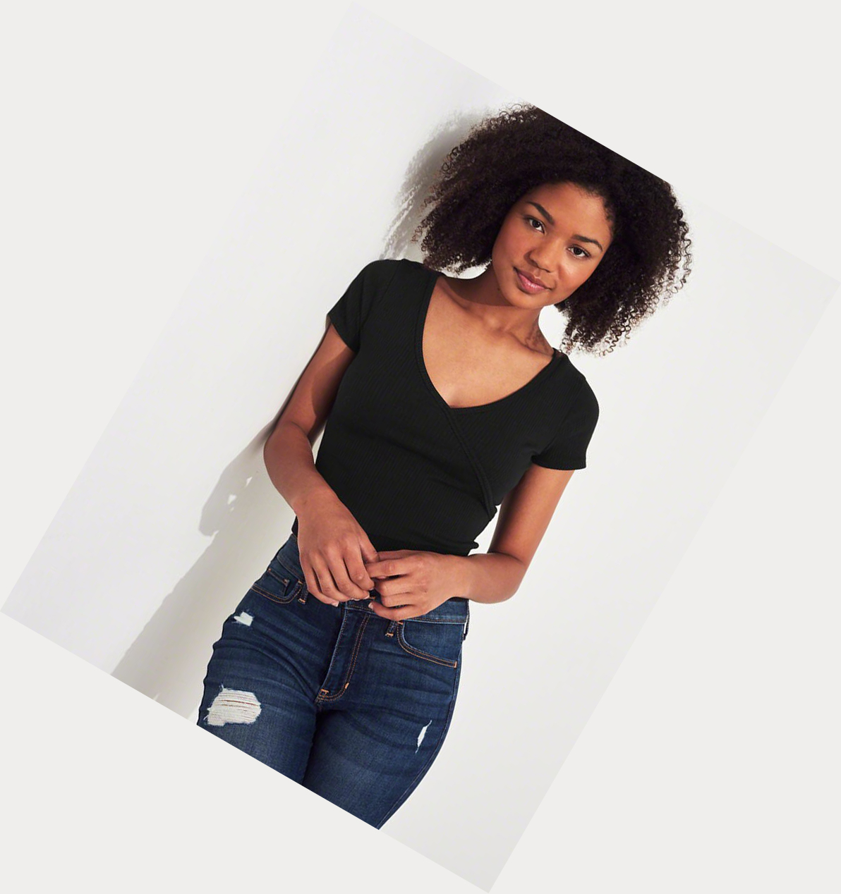 Black Women's Hollister Ribbed Wrap-Front Short Sleeve | UK-740BMAH