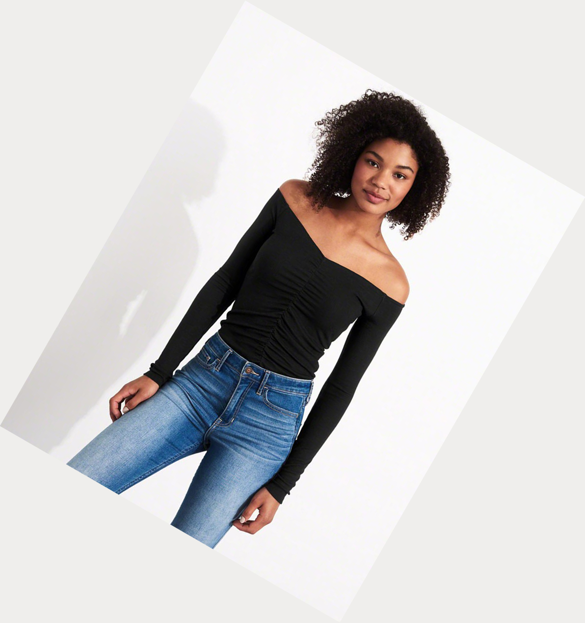 Black Women's Hollister Ruched Off-The-Shoulder Long Sleeve | UK-453GUCA