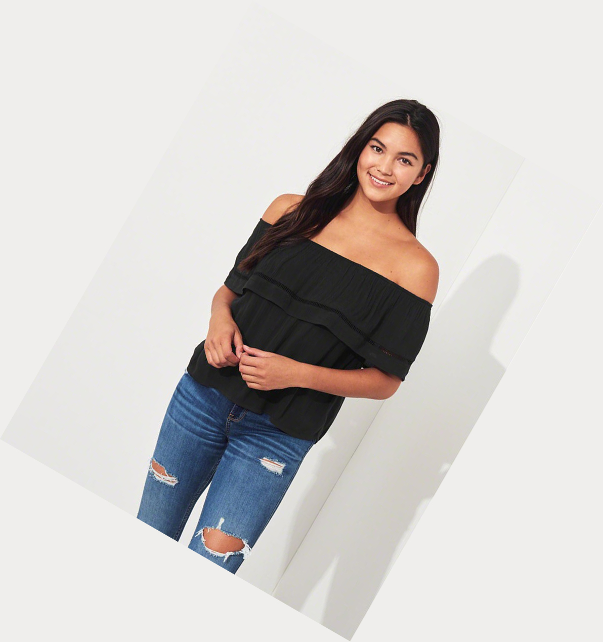 Black Women's Hollister Ruffle Off-The-Shoulder Short Sleeve | UK-082PBEC