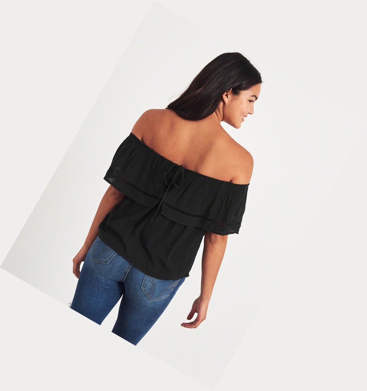 Black Women's Hollister Ruffle Off-The-Shoulder Short Sleeve | UK-082PBEC