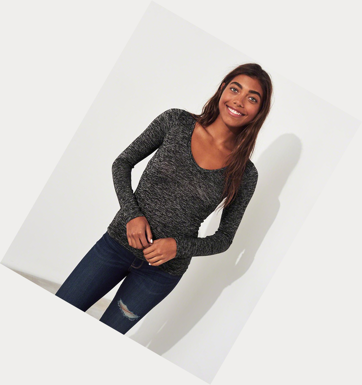 Black Women's Hollister Slim V-Neck Long Sleeve | UK-032UYTP