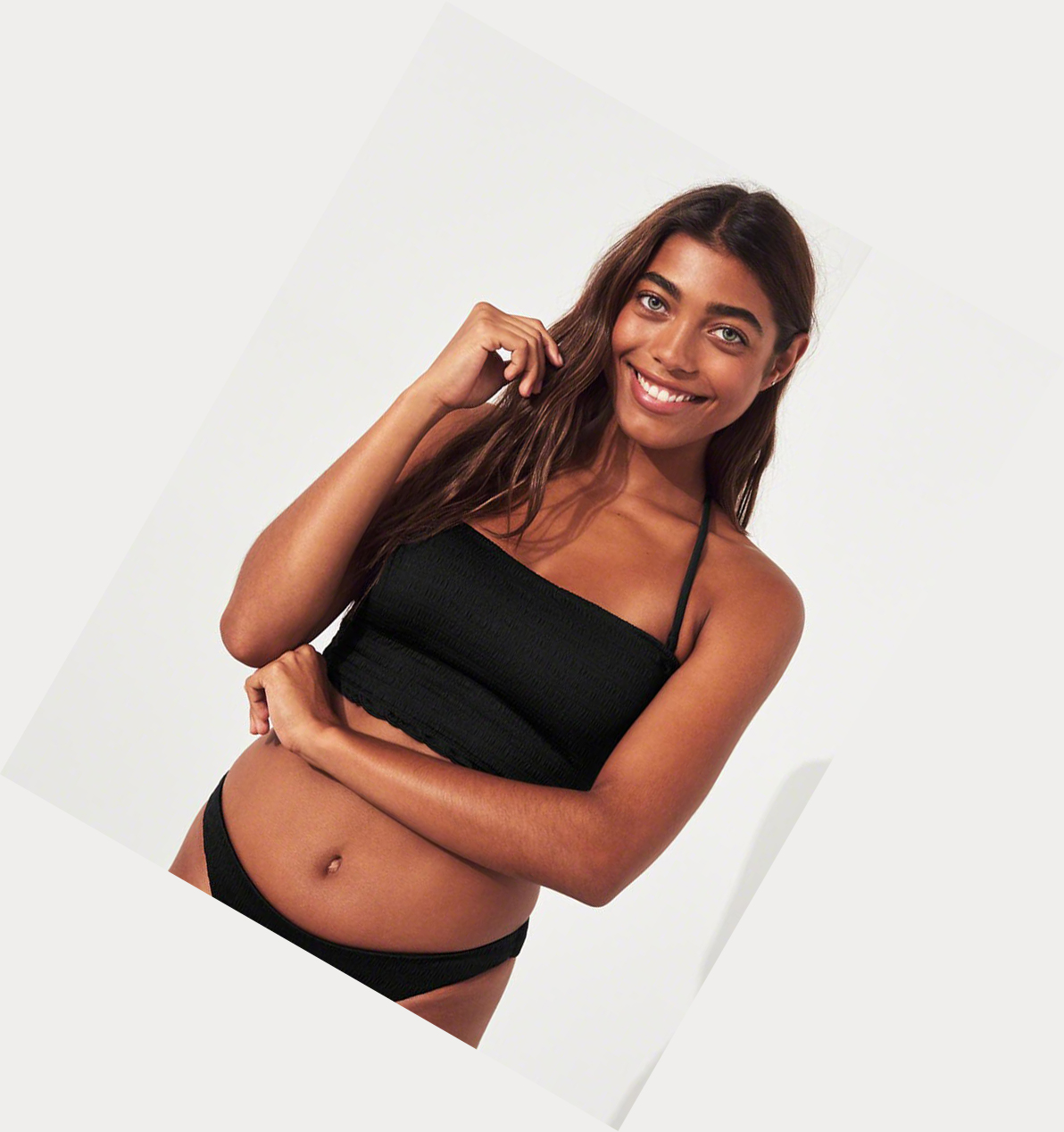 Black Women's Hollister Smocked Longline Bandeau Bikini Tops | UK-347ZSBT