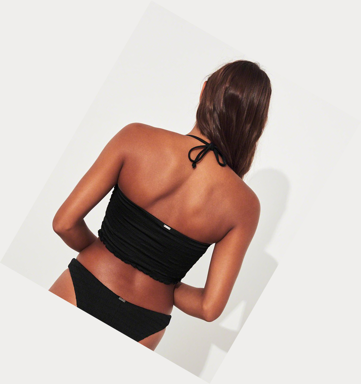 Black Women's Hollister Smocked Longline Bandeau Bikini Tops | UK-347ZSBT