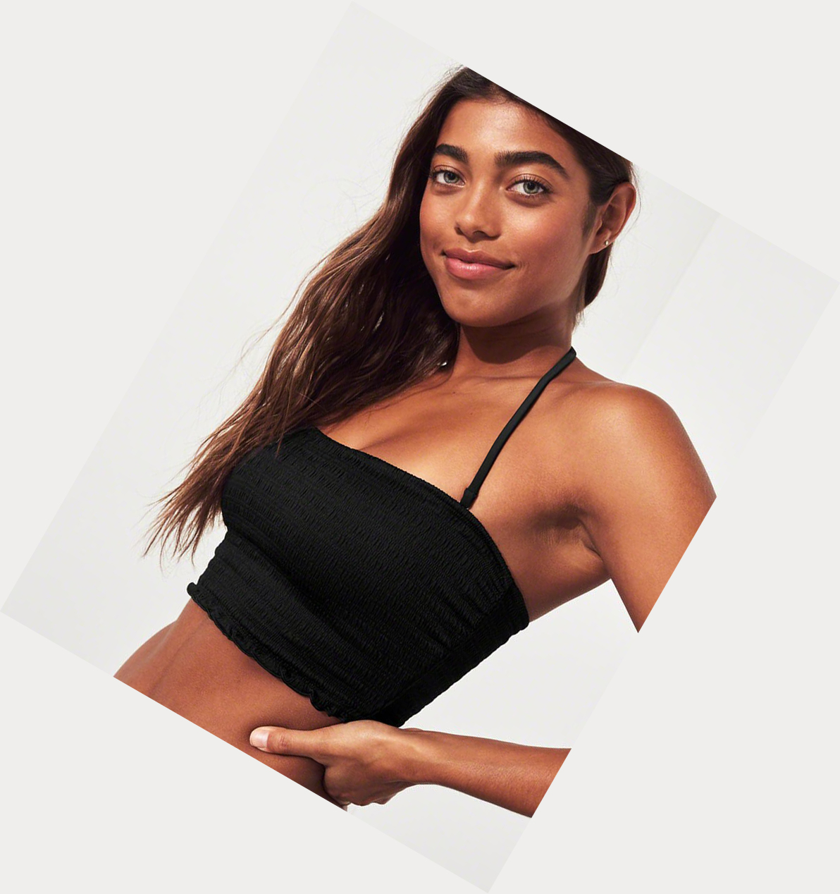 Black Women's Hollister Smocked Longline Bandeau Bikini Tops | UK-347ZSBT