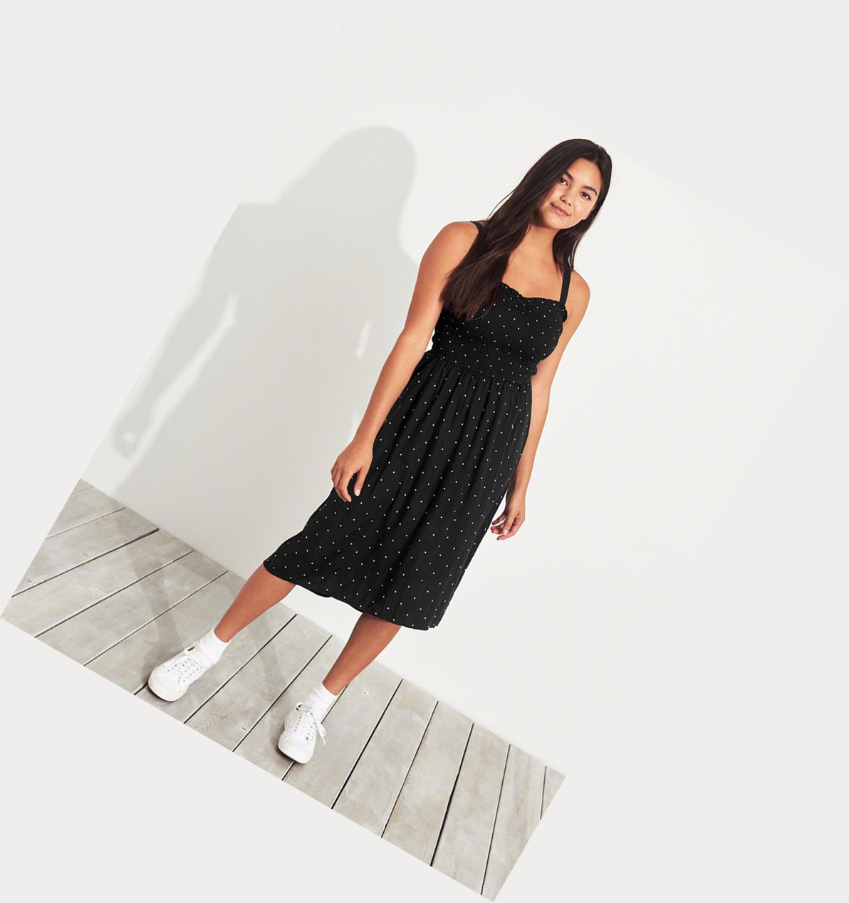 Black Women's Hollister Smocked Midi Dress | UK-648PBIY