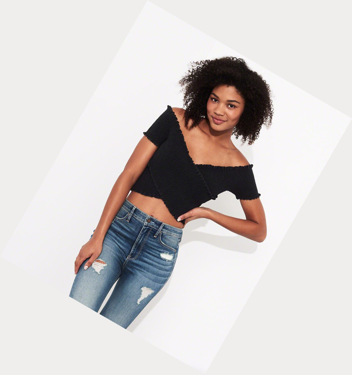 Black Women's Hollister Smocked Wrap Off-The-Shoulder Crop Short Sleeve | UK-385QSPC