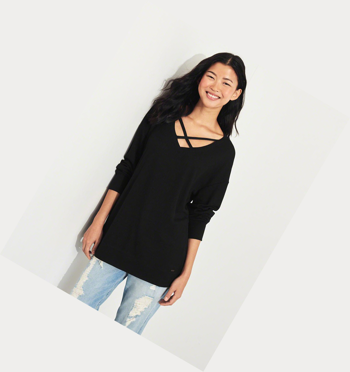 Black Women's Hollister Strappy Waffle Long Sleeve | UK-167HXUI