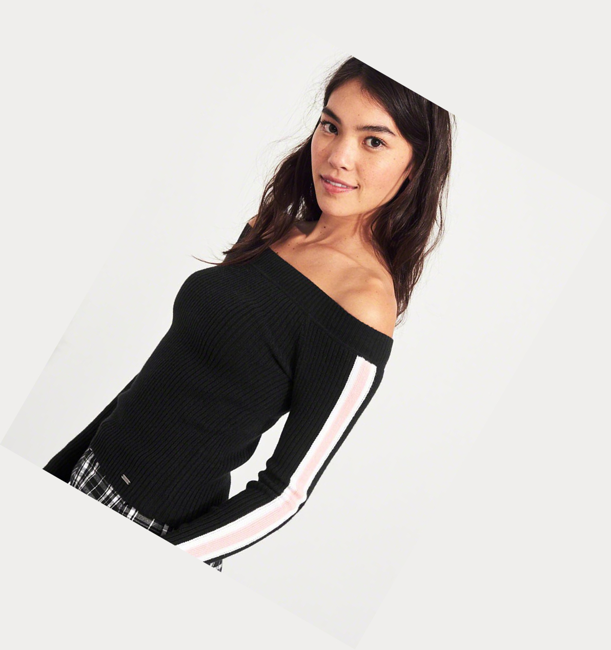 Black Women's Hollister Stripe Off-The-Shoulder Sweaters | UK-439XAGE