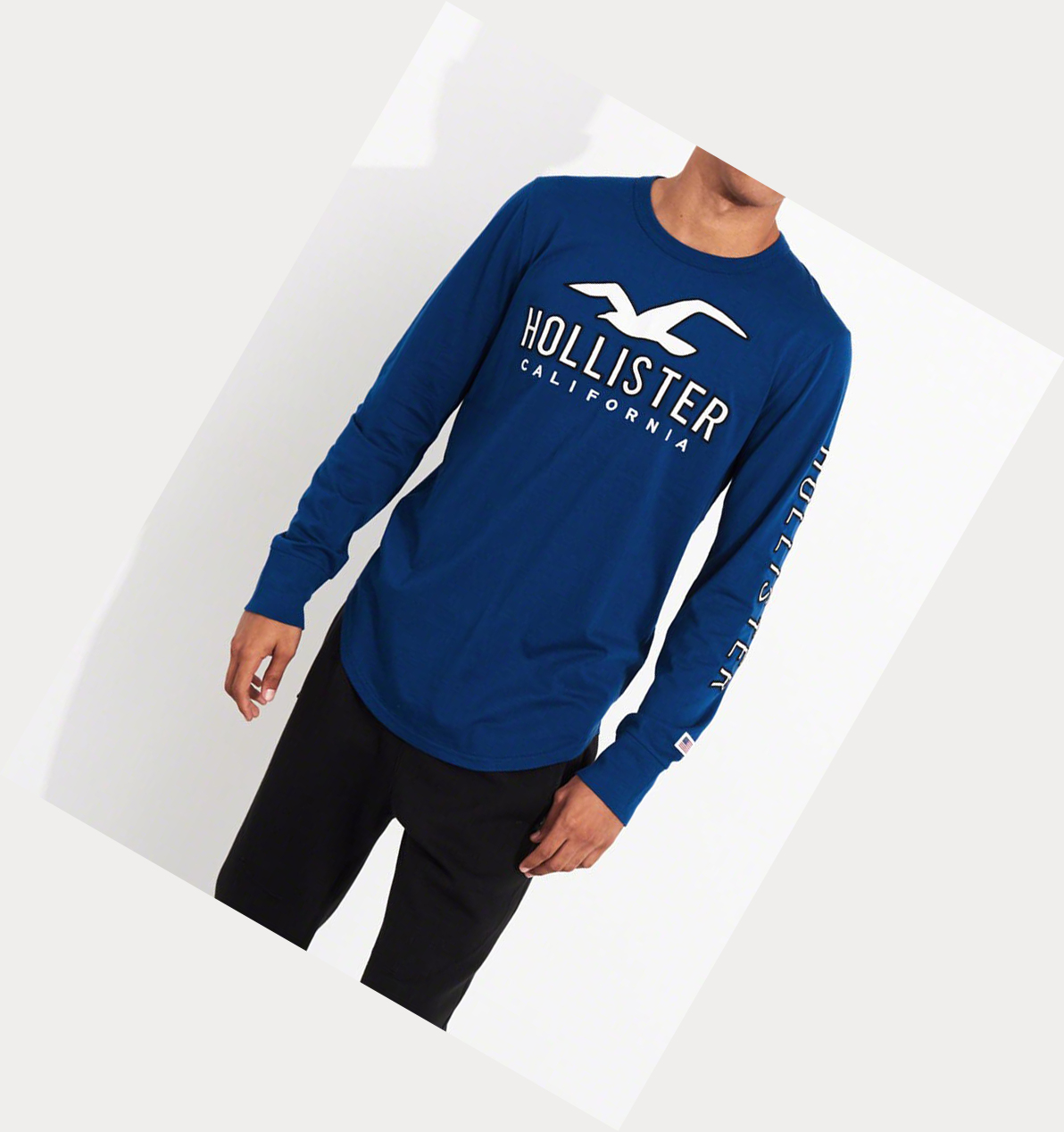 Blue Men's Hollister Logo Long Sleeve | UK-180DMKE