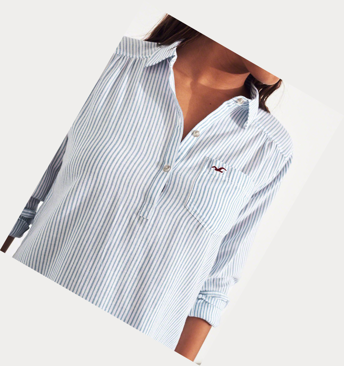 Blue Stripes Women's Hollister Woven Popover Long Sleeve | UK-687DLOY