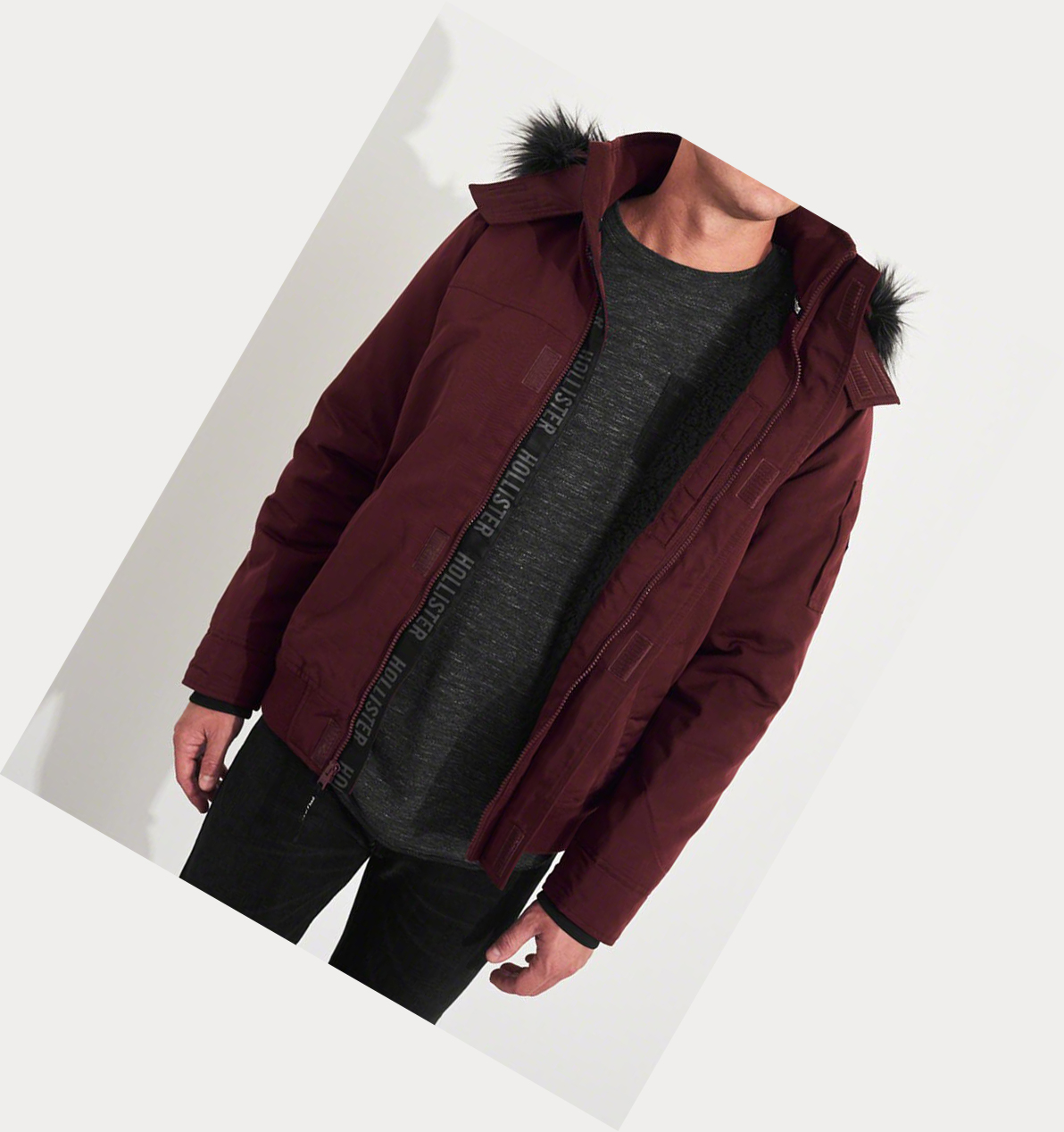 Burgundy Men's Hollister Sherpa-Lined Hooded Bomber Jackets | UK-314OJPW