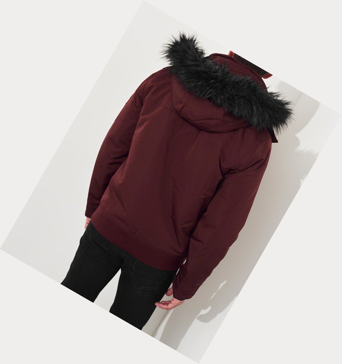 Burgundy Men's Hollister Sherpa-Lined Hooded Bomber Jackets | UK-314OJPW