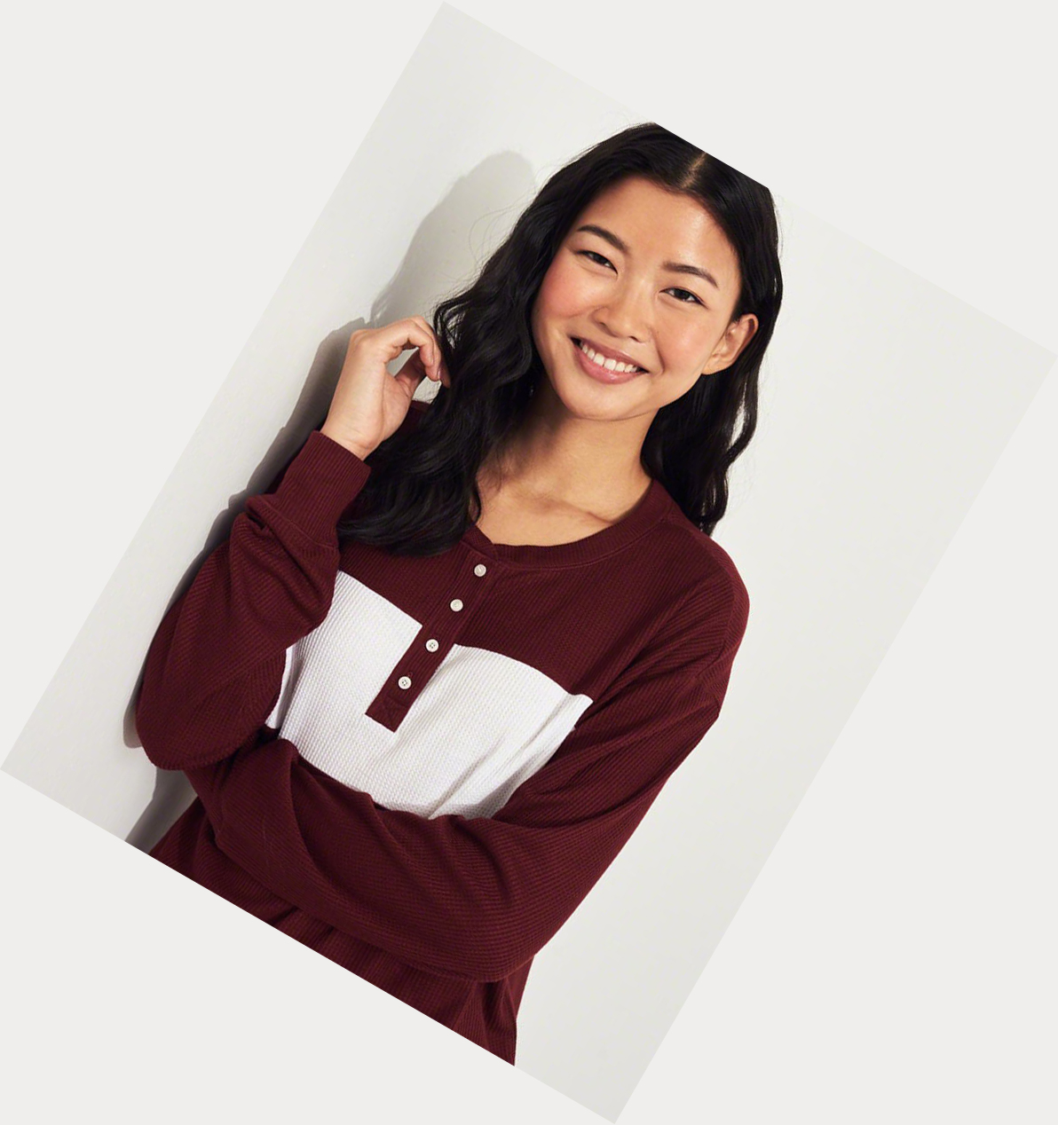 Burgundy Stripes Women's Hollister Boyfriend Henley Long Sleeve | UK-081HGPV