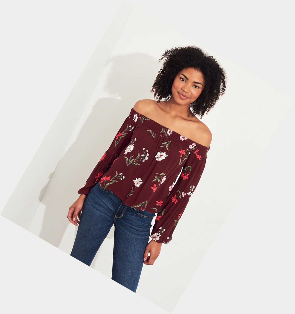 Burgundy Women's Hollister Balloon-Sleeve Off-The-Shoulder Long Sleeve | UK-276VPQG