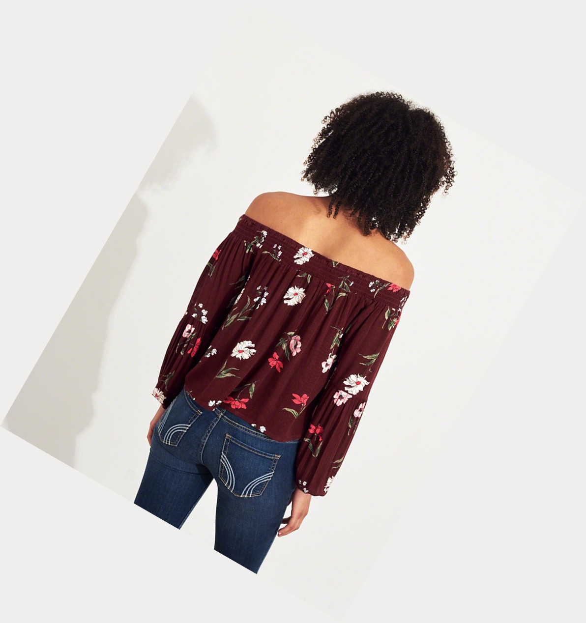 Burgundy Women's Hollister Balloon-Sleeve Off-The-Shoulder Long Sleeve | UK-276VPQG