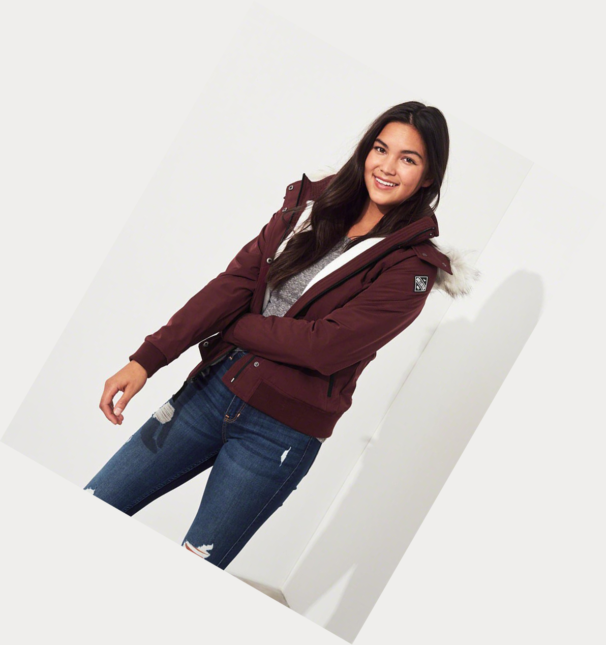 Burgundy Women's Hollister Cozy-Lined Bomber Jackets | UK-042MLGZ