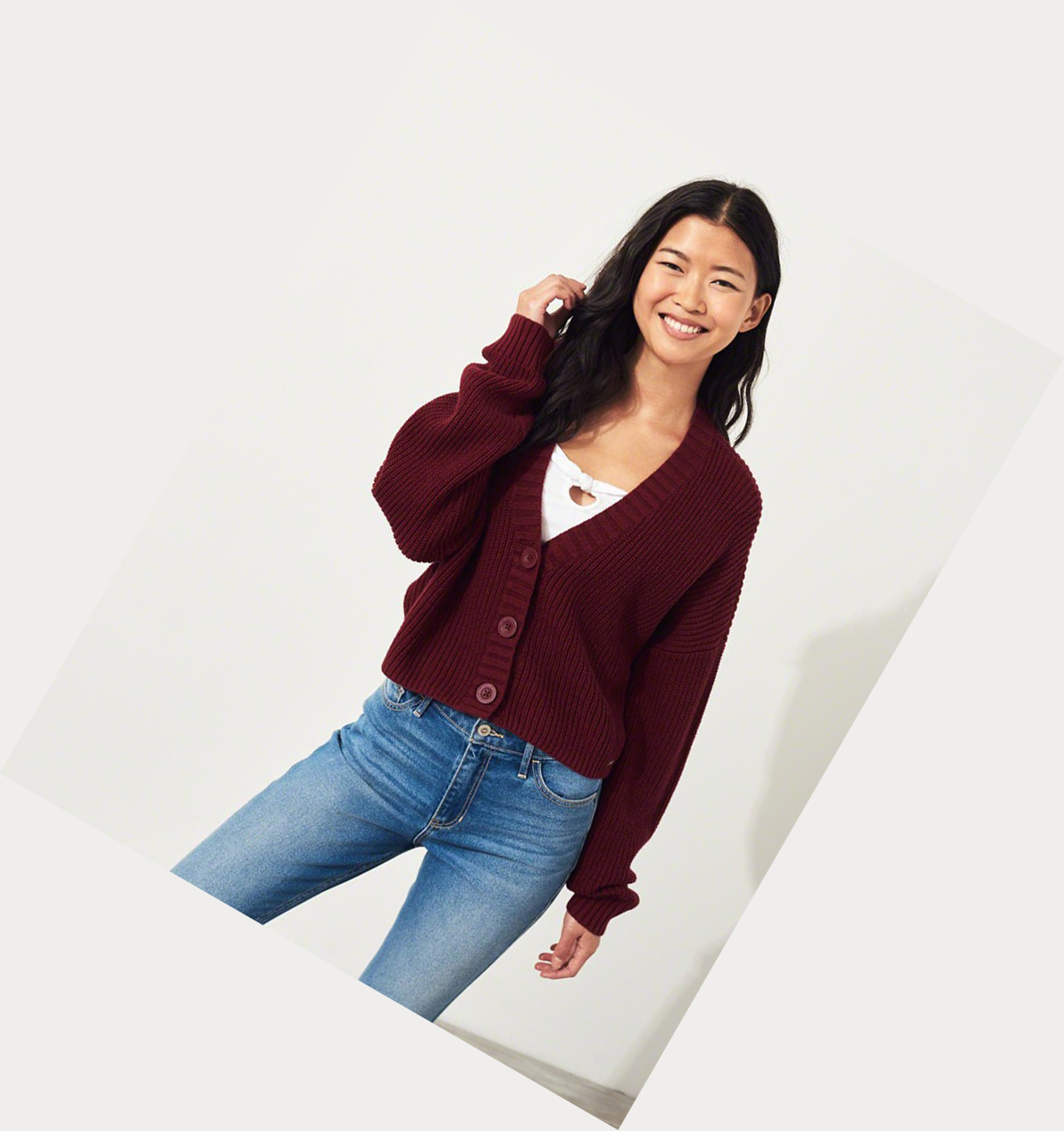 Burgundy Women's Hollister Crop Cardigan Sweaters | UK-940TGLI