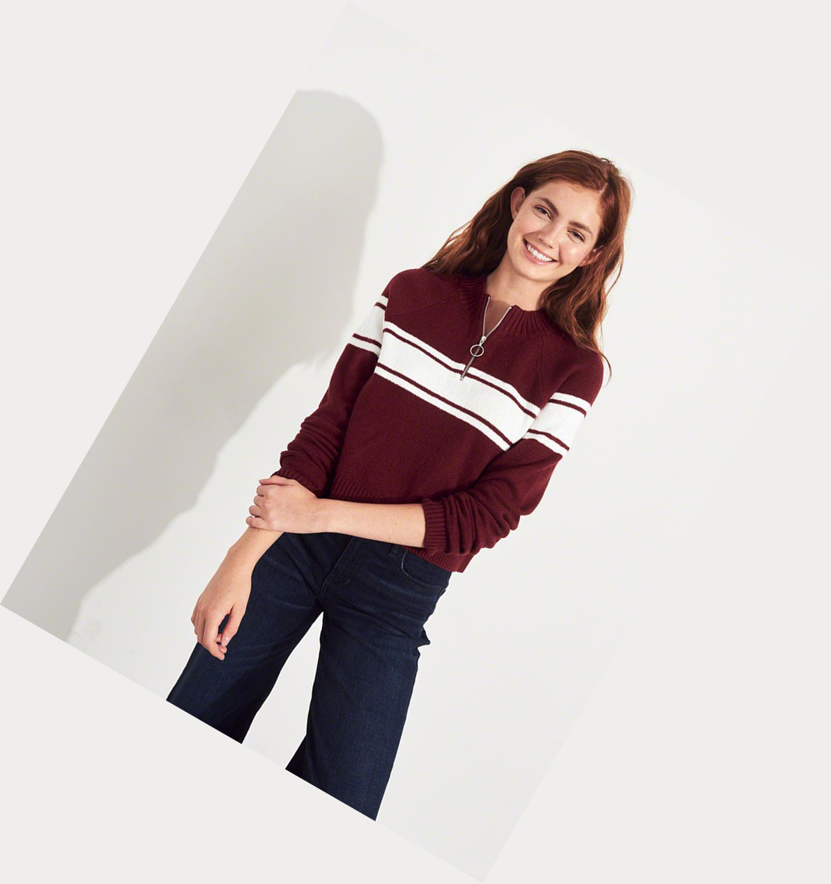 Burgundy Women's Hollister Crop Half-Zip Sweaters | UK-283TDJO