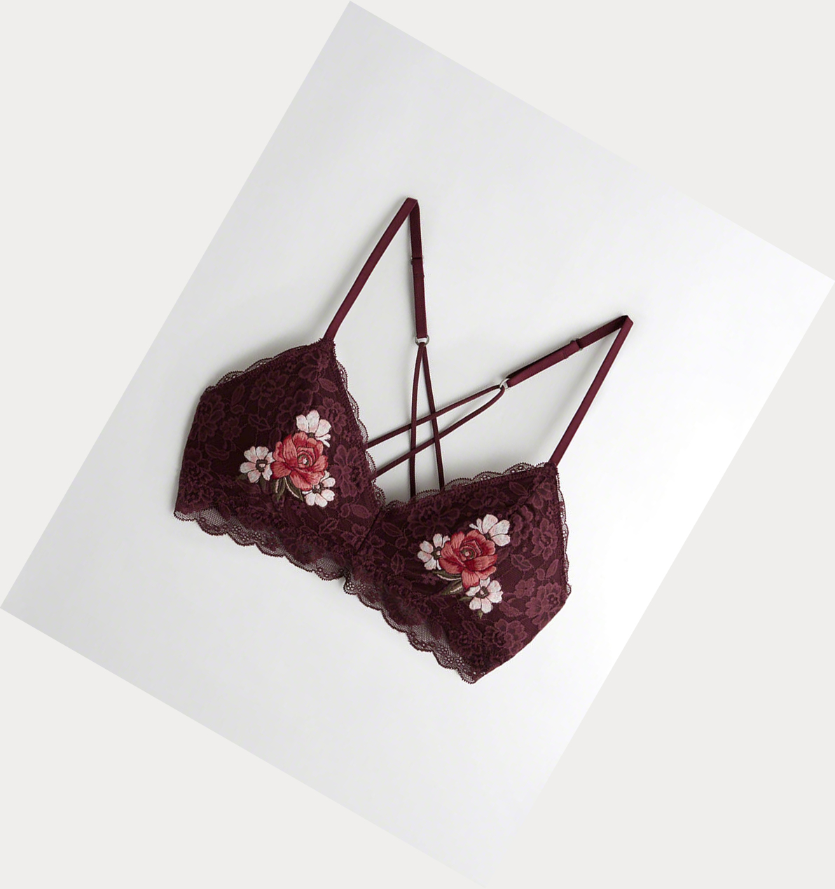 Burgundy Women\'s Hollister Embroidered Triangle With Removable Pads Bras | UK-940NIFU