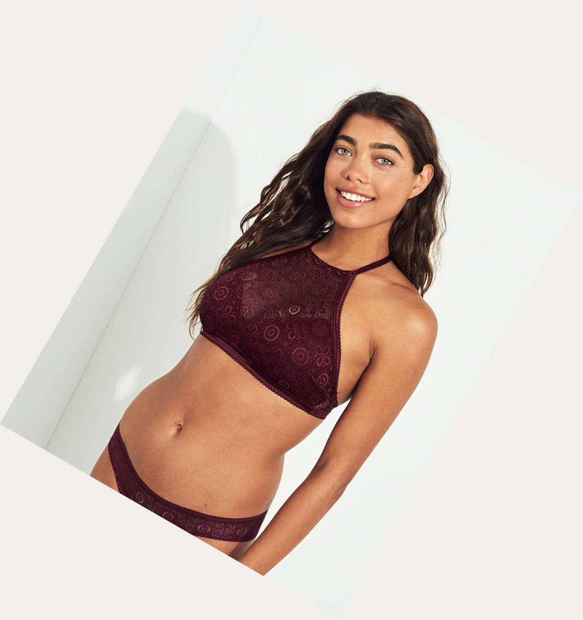 Burgundy Women's Hollister Halter High-Neck With Removable Pads Bras | UK-192SZXJ