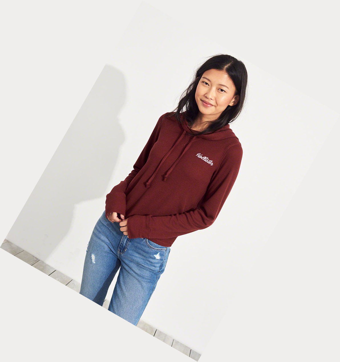 Burgundy Women's Hollister Hooded Waffle Boyfriend Long Sleeve | UK-039VZFQ