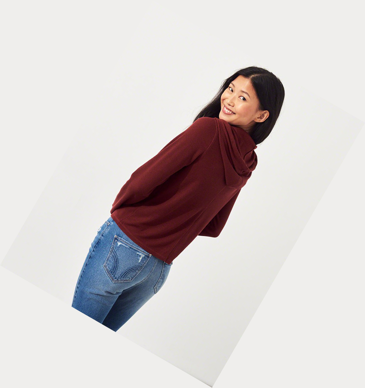 Burgundy Women's Hollister Hooded Waffle Boyfriend Long Sleeve | UK-039VZFQ