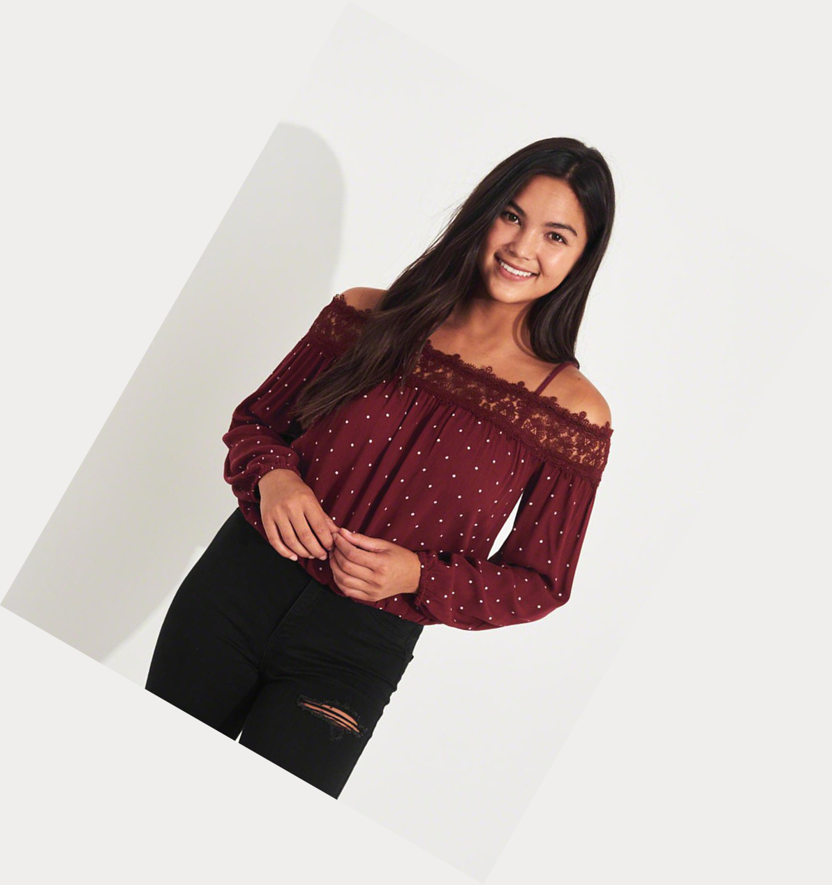 Burgundy Women's Hollister Lace-Trim Cold Shoulder Long Sleeve | UK-290ELAQ