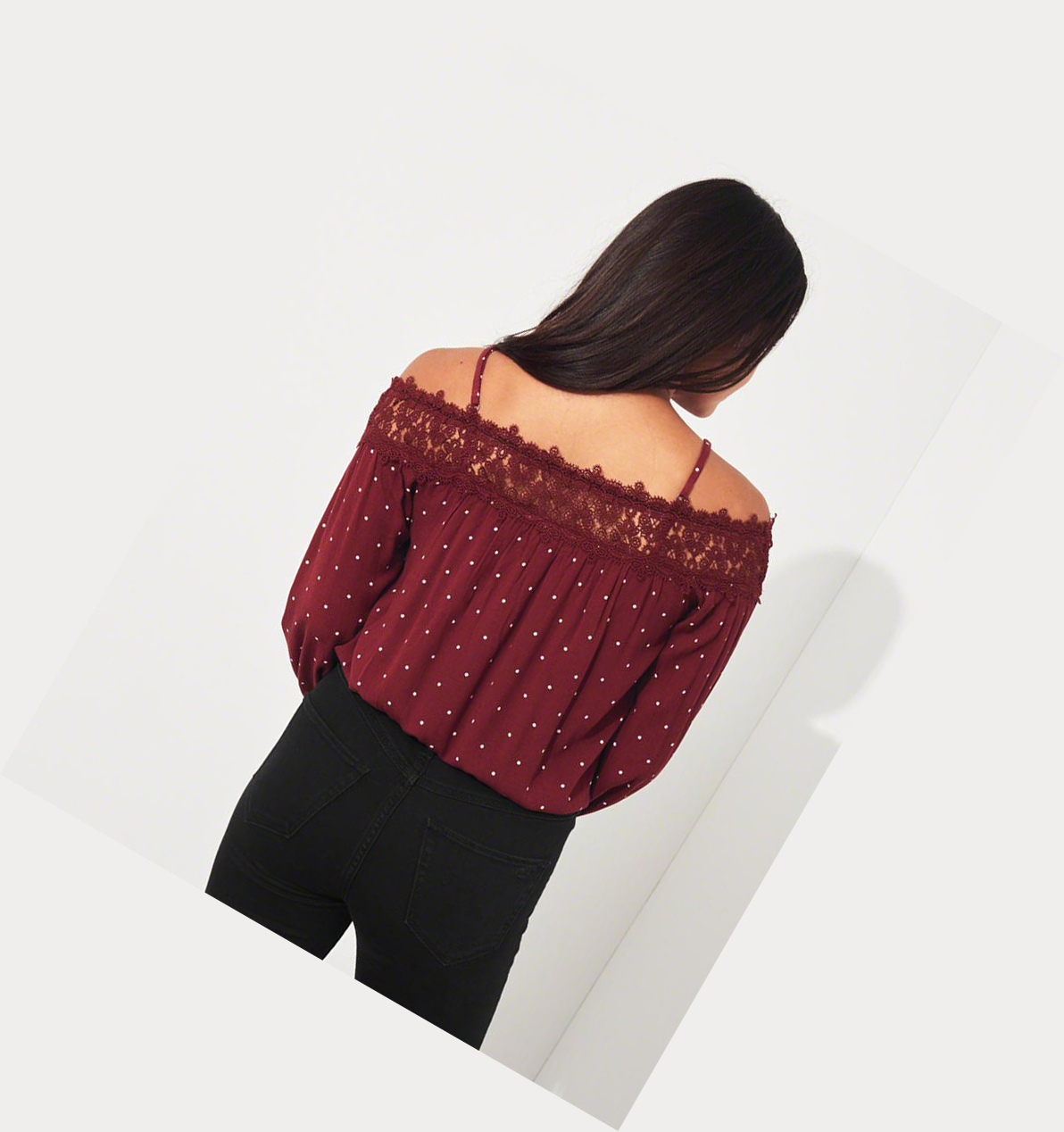 Burgundy Women's Hollister Lace-Trim Cold Shoulder Long Sleeve | UK-290ELAQ