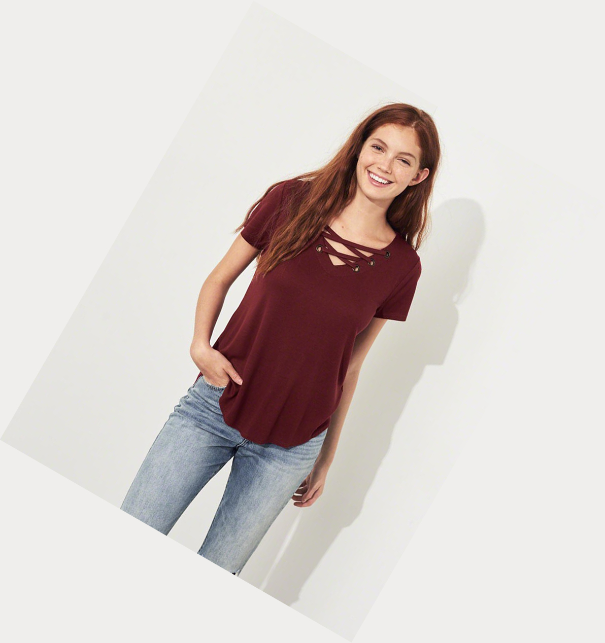 Burgundy Women's Hollister Lace-Up Easy Short Sleeve | UK-805APWN