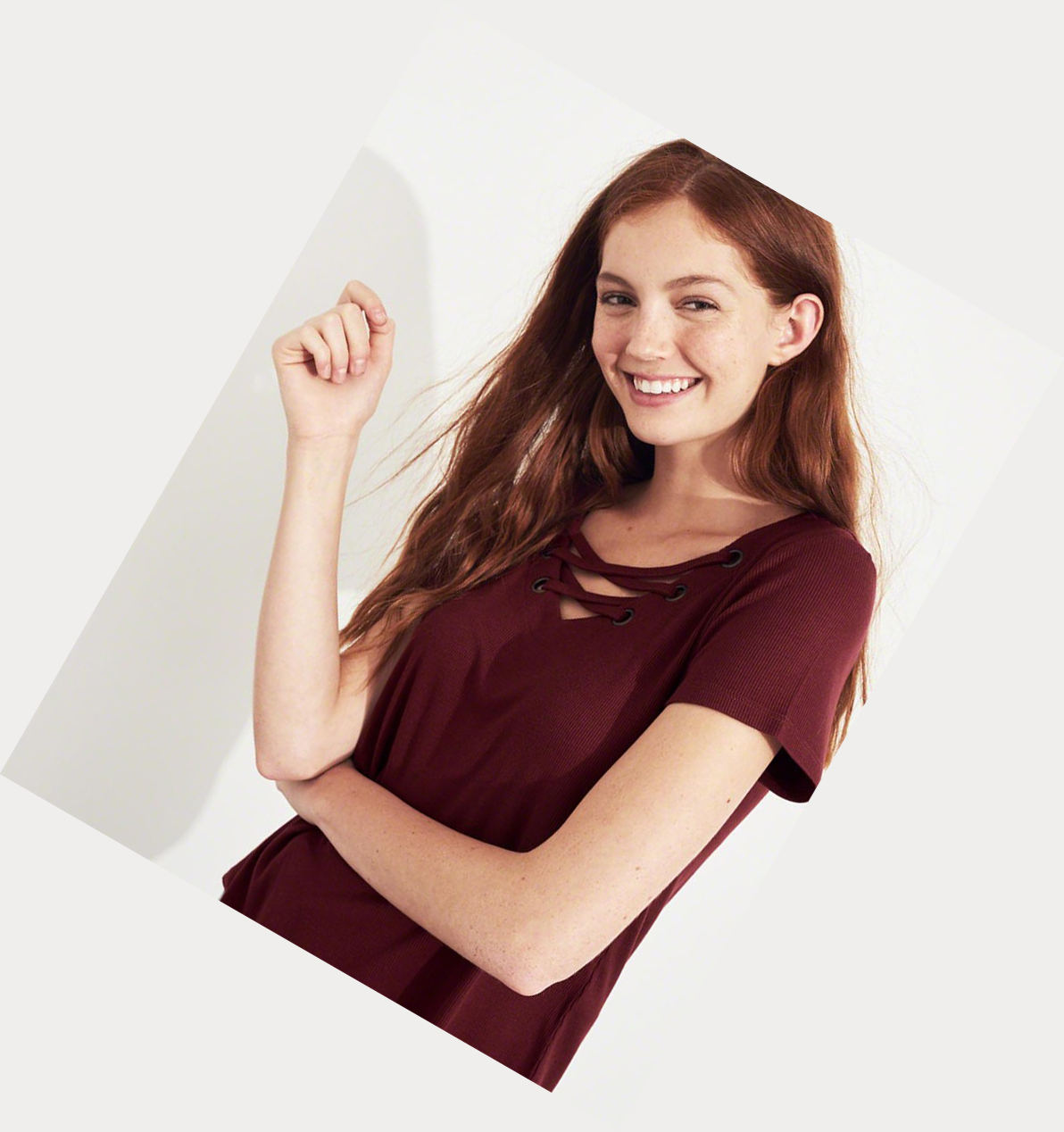 Burgundy Women's Hollister Lace-Up Easy Short Sleeve | UK-805APWN