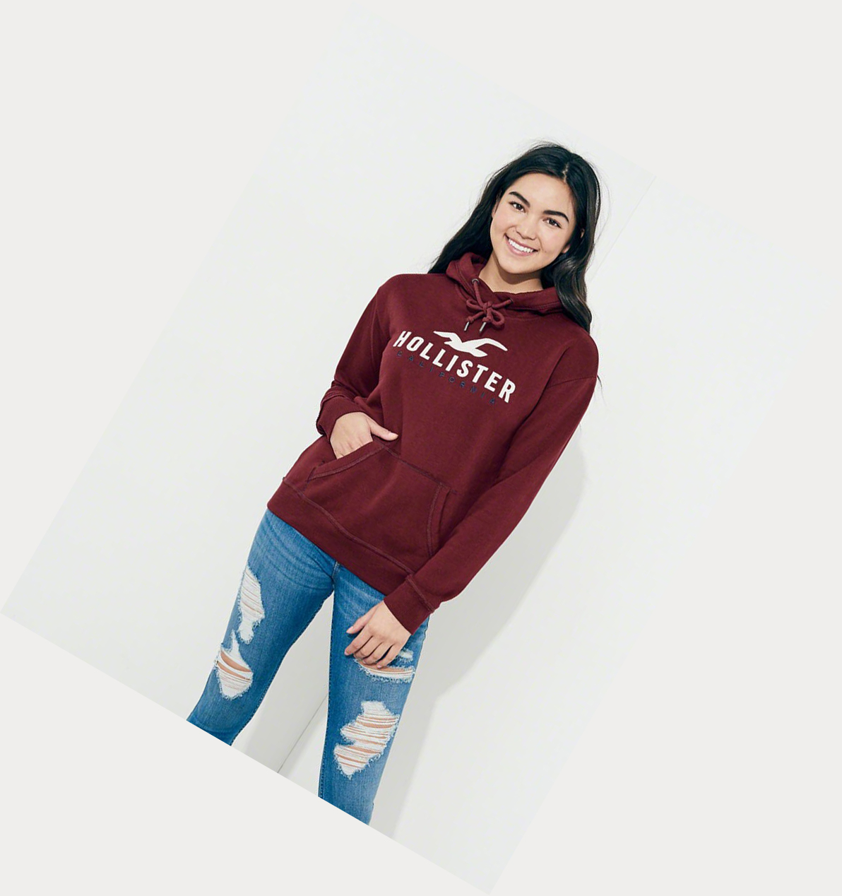 Burgundy Women's Hollister Logo Graphic Hoodie | UK-890MTJG