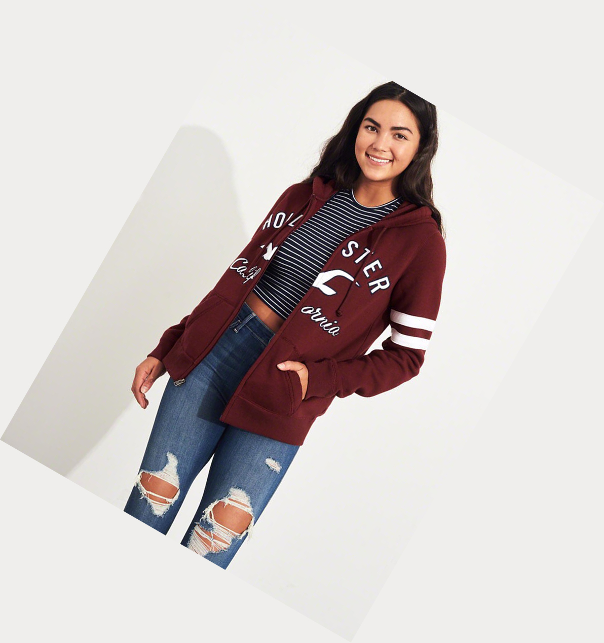 Burgundy Women's Hollister Logo Graphic Full-Zip Hoodie | UK-957HRVG