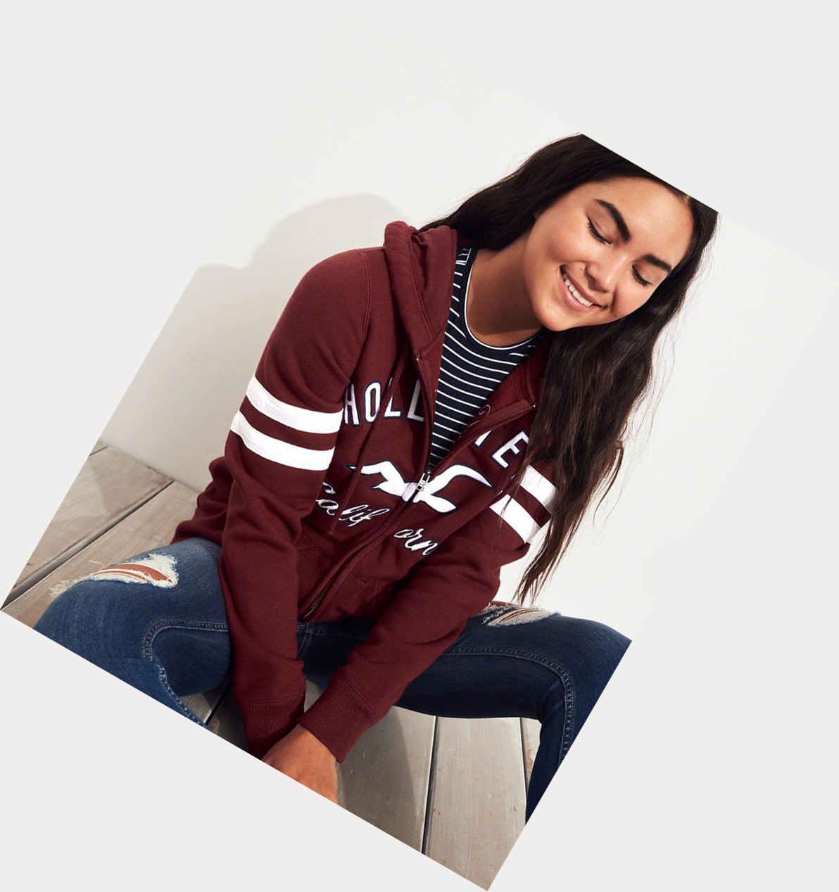 Burgundy Women's Hollister Logo Graphic Full-Zip Hoodie | UK-957HRVG