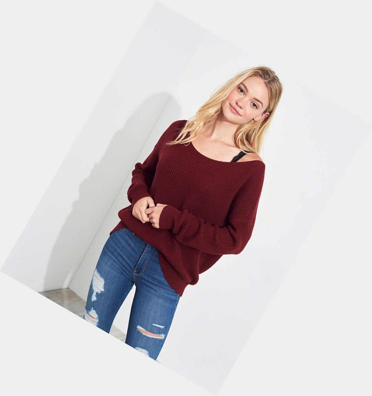 Burgundy Women's Hollister On Or Off The Shoulder Sweaters | UK-631BDLI