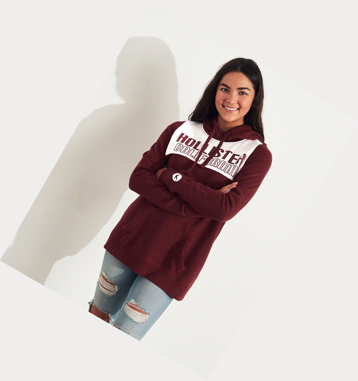 Burgundy Women's Hollister Oversized Colorblock Hoodie | UK-279KTEZ