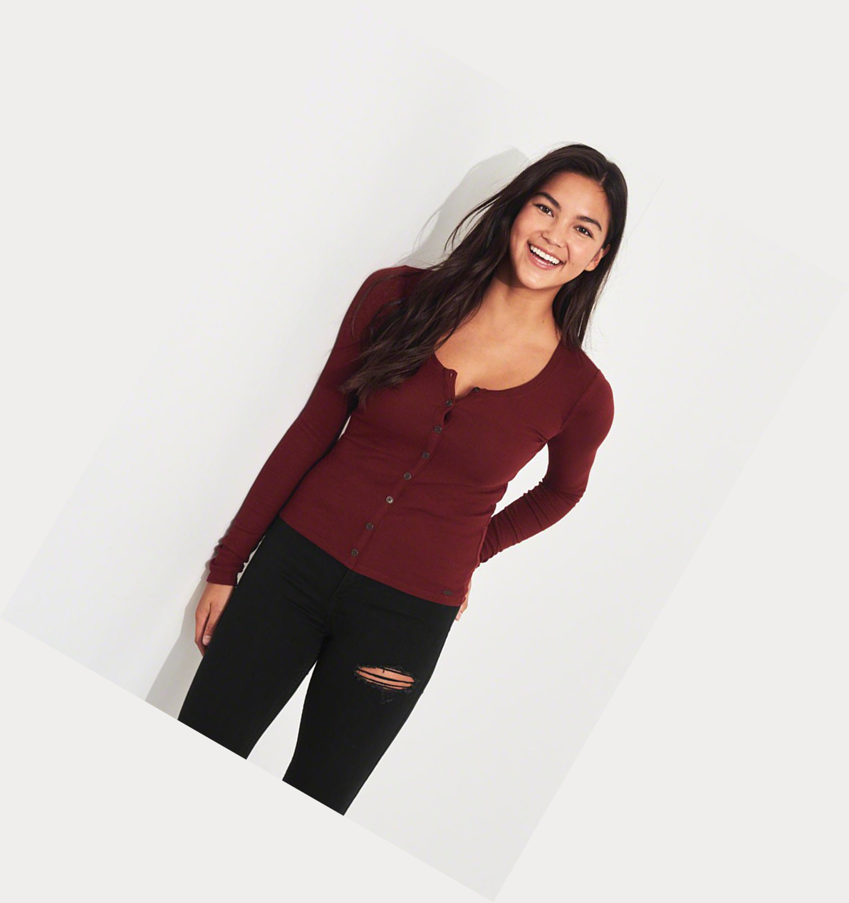 Burgundy Women's Hollister Ribbed Henley Long Sleeve | UK-159RNKM