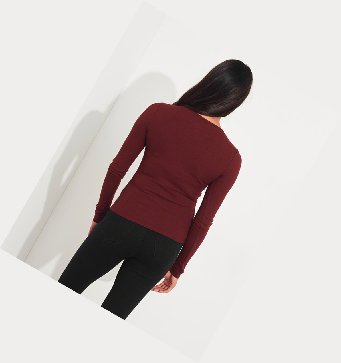 Burgundy Women's Hollister Ribbed Henley Long Sleeve | UK-159RNKM