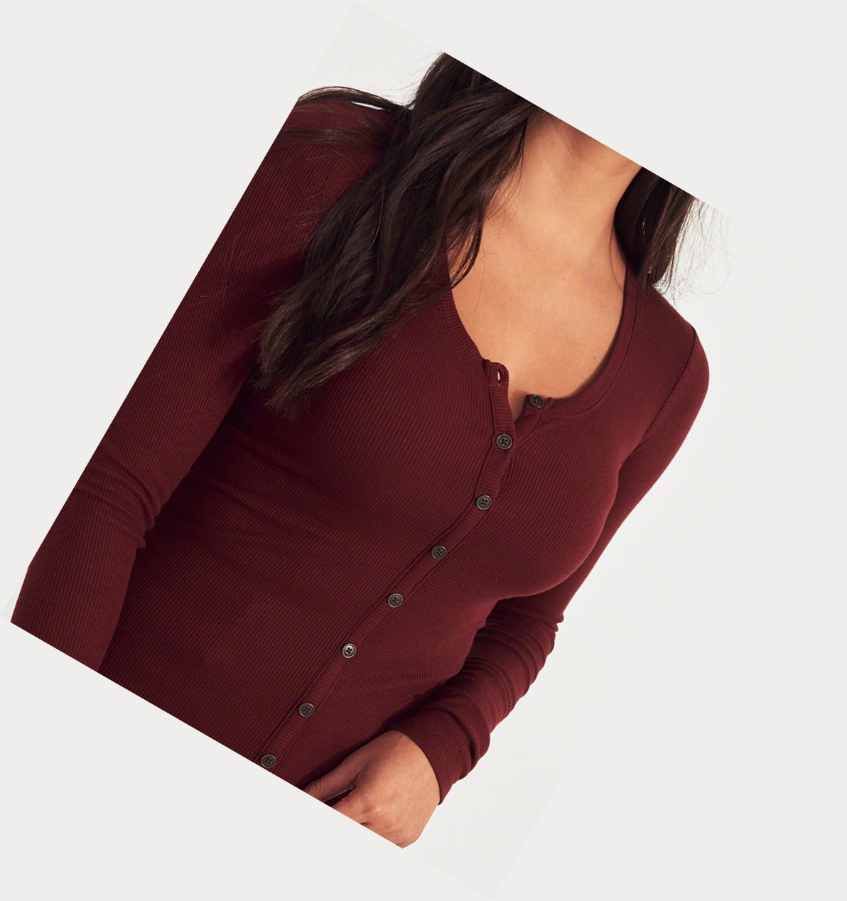 Burgundy Women's Hollister Ribbed Henley Long Sleeve | UK-159RNKM