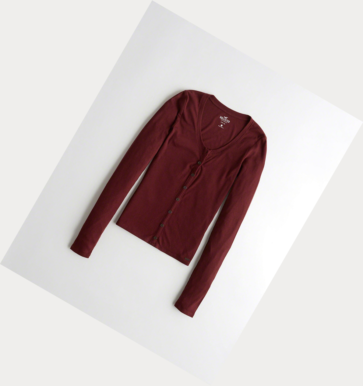 Burgundy Women\'s Hollister Ribbed Henley Long Sleeve | UK-159RNKM