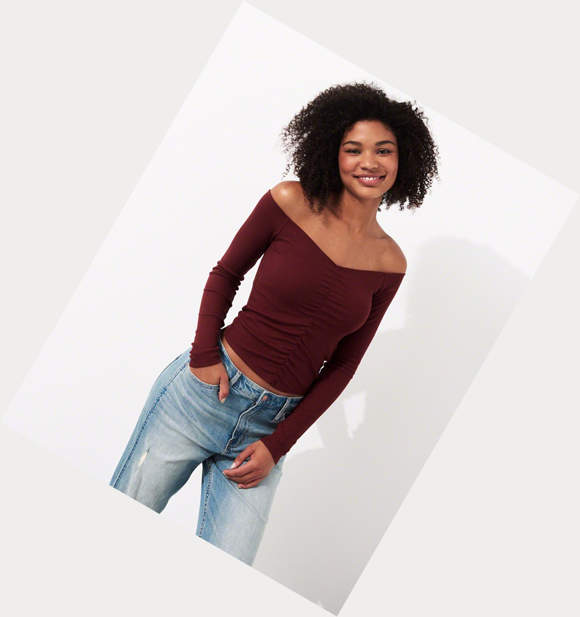 Burgundy Women's Hollister Ruched Off-The-Shoulder Long Sleeve | UK-094RCFK