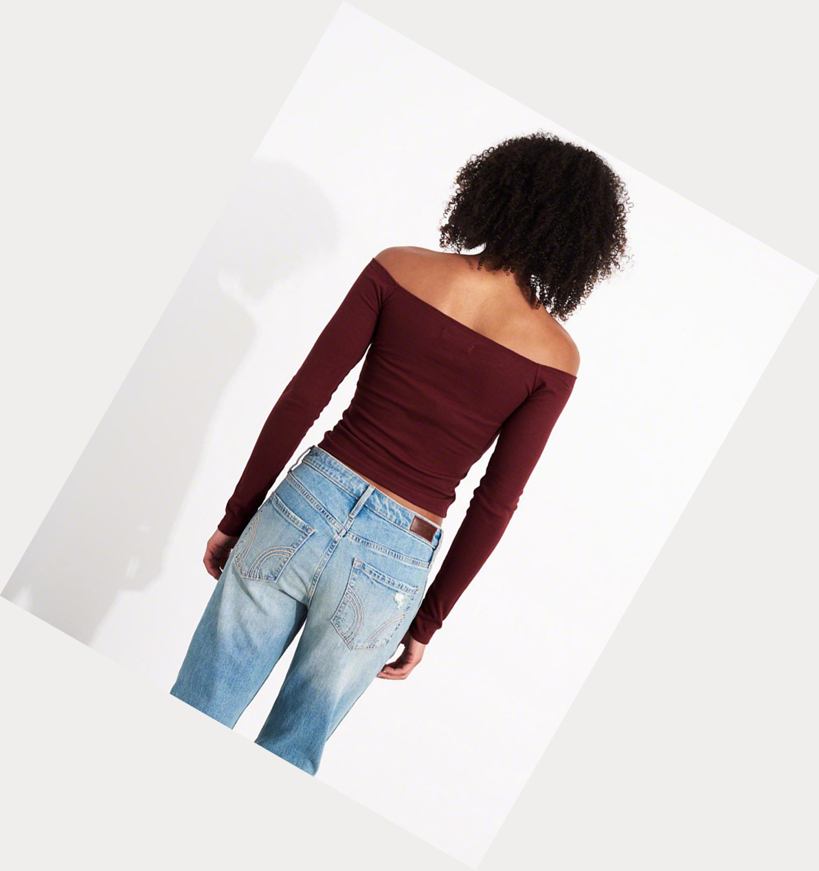 Burgundy Women's Hollister Ruched Off-The-Shoulder Long Sleeve | UK-094RCFK