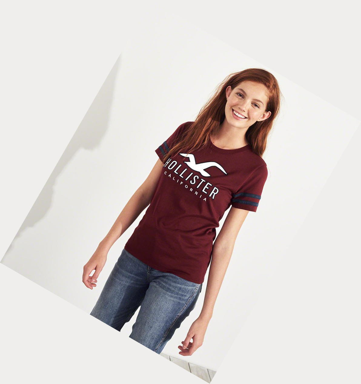 Burgundy Women's Hollister Sleeve-Stripe Logo Short Sleeve | UK-164PJYZ