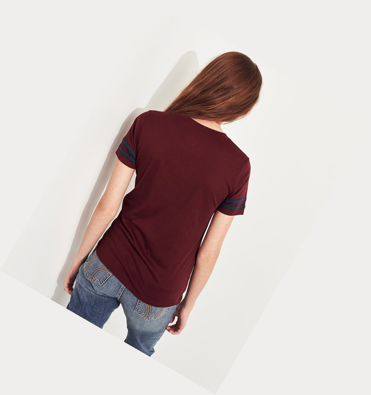 Burgundy Women's Hollister Sleeve-Stripe Logo Short Sleeve | UK-164PJYZ