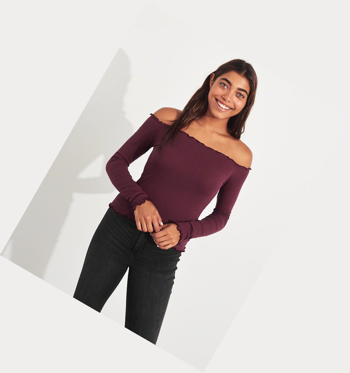 Burgundy Women's Hollister Slim Off-The-Shoulder Long Sleeve | UK-037OVCB